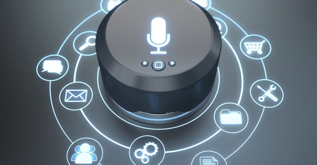 assistente voz inteligente comandos smart home.jpg Assistente de voz inteligente com ícones de funções conectadas, simbolizando automação e comando por voz.