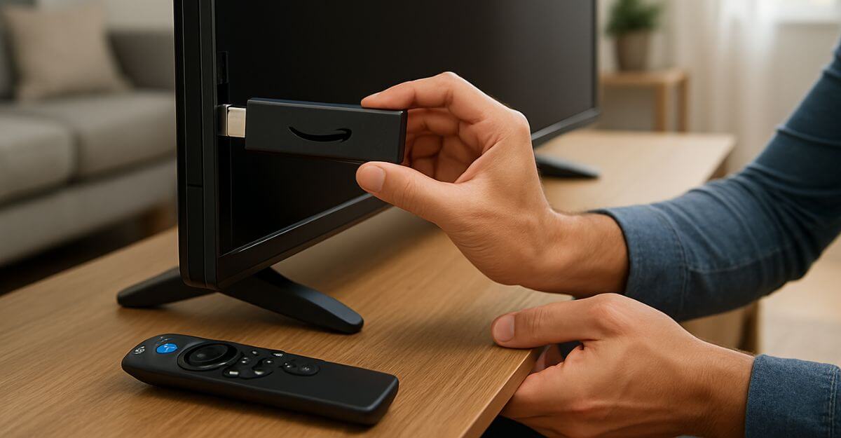 como instalar fire tv stick passo a passo.jpg Pessoa conectando o Fire TV Stick à entrada HDMI da TV para instalação e configuração inicial do dispositivo.