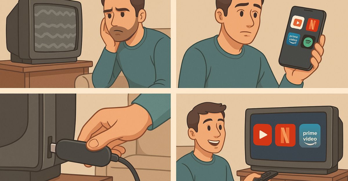 Ilustração mostrando como instalar Fire TV Stick e transformar uma TV comum em smart para acessar apps como Netflix e Prime Video.