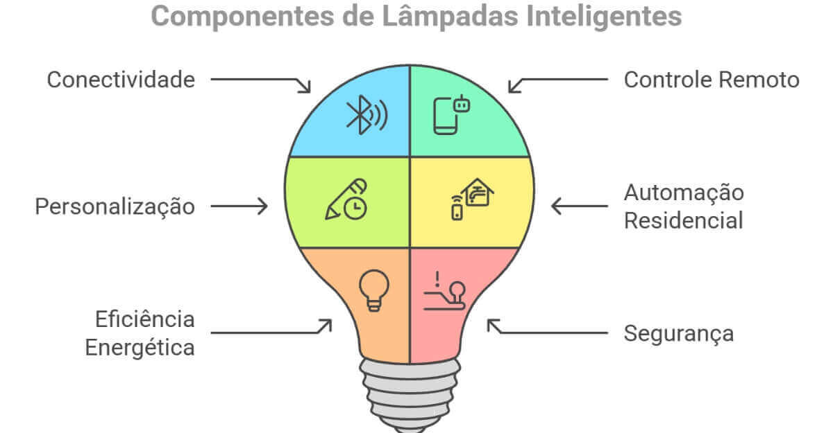 componentes lampadas inteligentes smart home.jpg Infográfico em forma de lâmpada mostra os principais componentes das lâmpadas inteligentes: conectividade, controle e segurança.