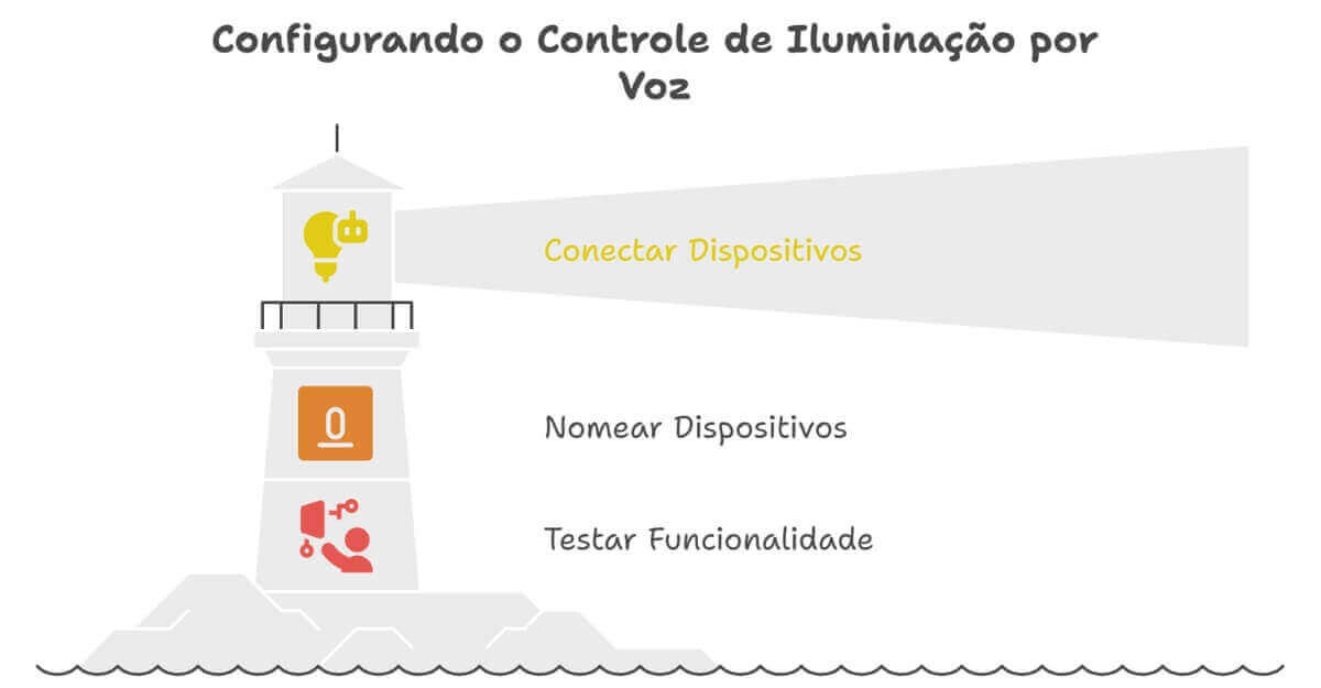 configurando iluminacao por voz smart home.jpg Ilustração de farol mostrando etapas para configurar iluminação por voz: conectar, nomear dispositivos e testar comandos.