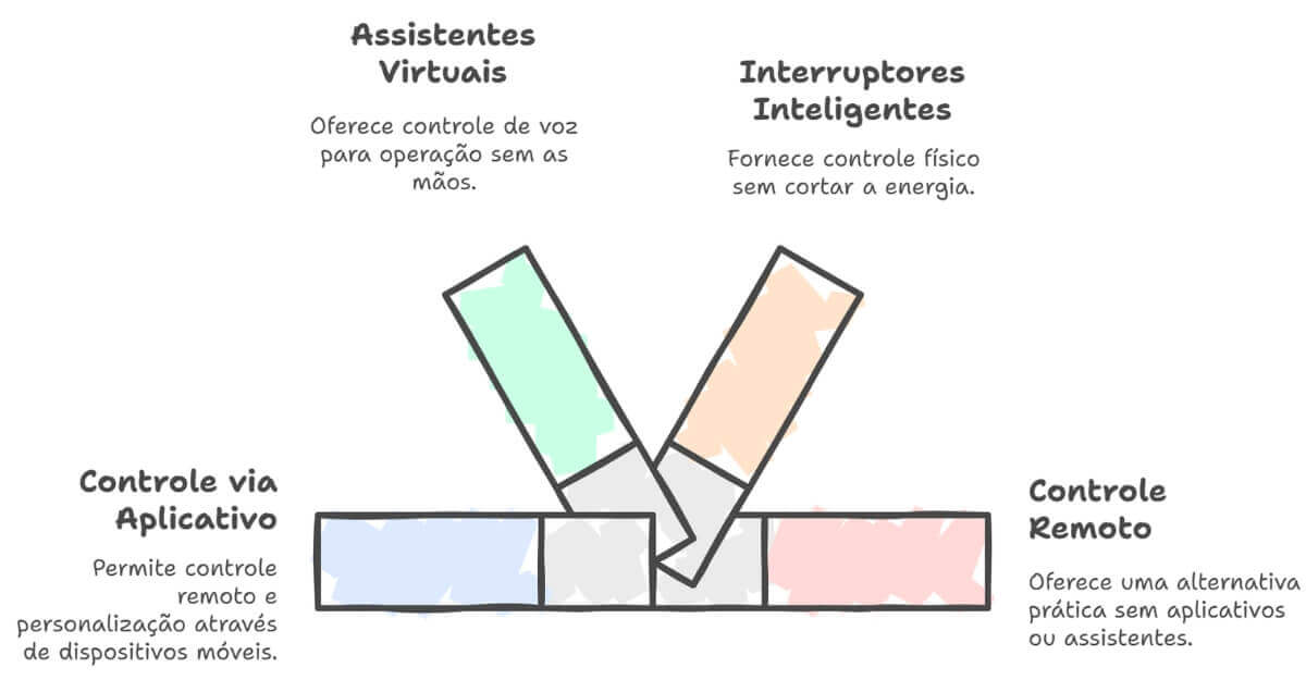 formas de controle da iluminacao inteligente.jpg Ilustração mostra quatro formas de controle da iluminação inteligente: app, assistente virtual, controle remoto e interruptor.