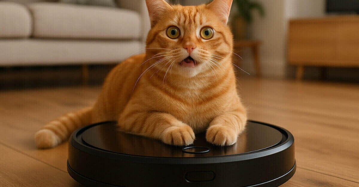 Gato laranja deitado sobre robo aspirador wap w90 preto com expressão curiosa, em ambiente de sala com piso de madeira.