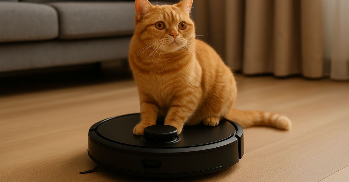Gato laranja sentado sobre robo aspirador de po preto em uma sala com piso de madeira clara e sofá cinza ao fundo.