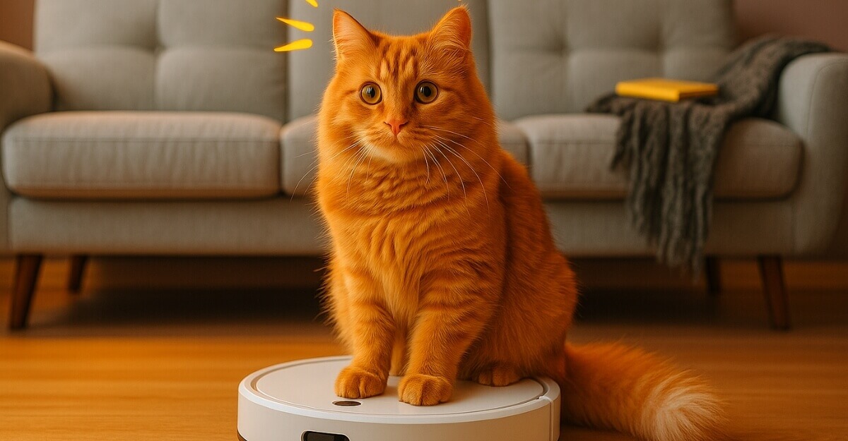 Gato laranja sentado sobre melhor robo aspirador custo beneficio branco em uma sala com sofá ao fundo, criando cena divertida e aconchegante.