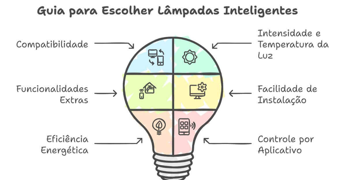 guia completo escolher lampadas inteligentes.jpg Infográfico em formato de lâmpada destaca critérios para escolher lâmpadas inteligentes: compatibilidade, controle e eficiência.
