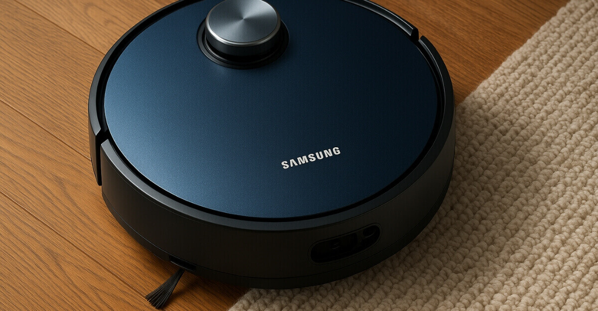 Aspirador Robo Samsung azul em ação sobre piso de madeira e tapete claro, destacando design moderno e funcionalidade.