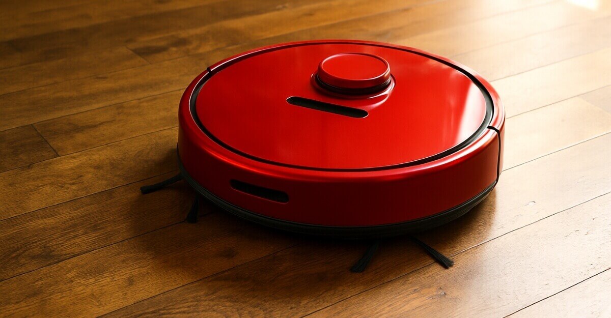 robo aspirador vermelho em piso madeira.jpg Robô aspirador vermelho em funcionamento sobre piso de madeira, em ambiente iluminado com luz natural.