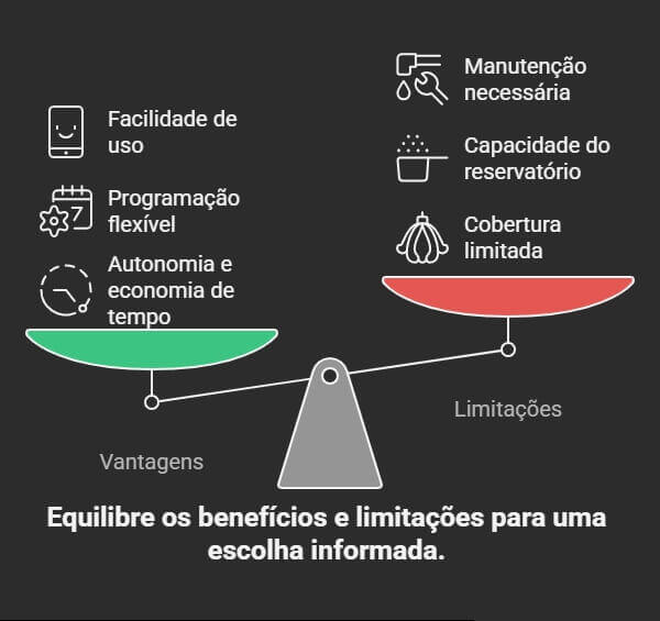 vantagens e limitacoes robos domesticos.jpg Balança comparando vantagens como autonomia e limitações como manutenção em dispositivos de automação doméstica.